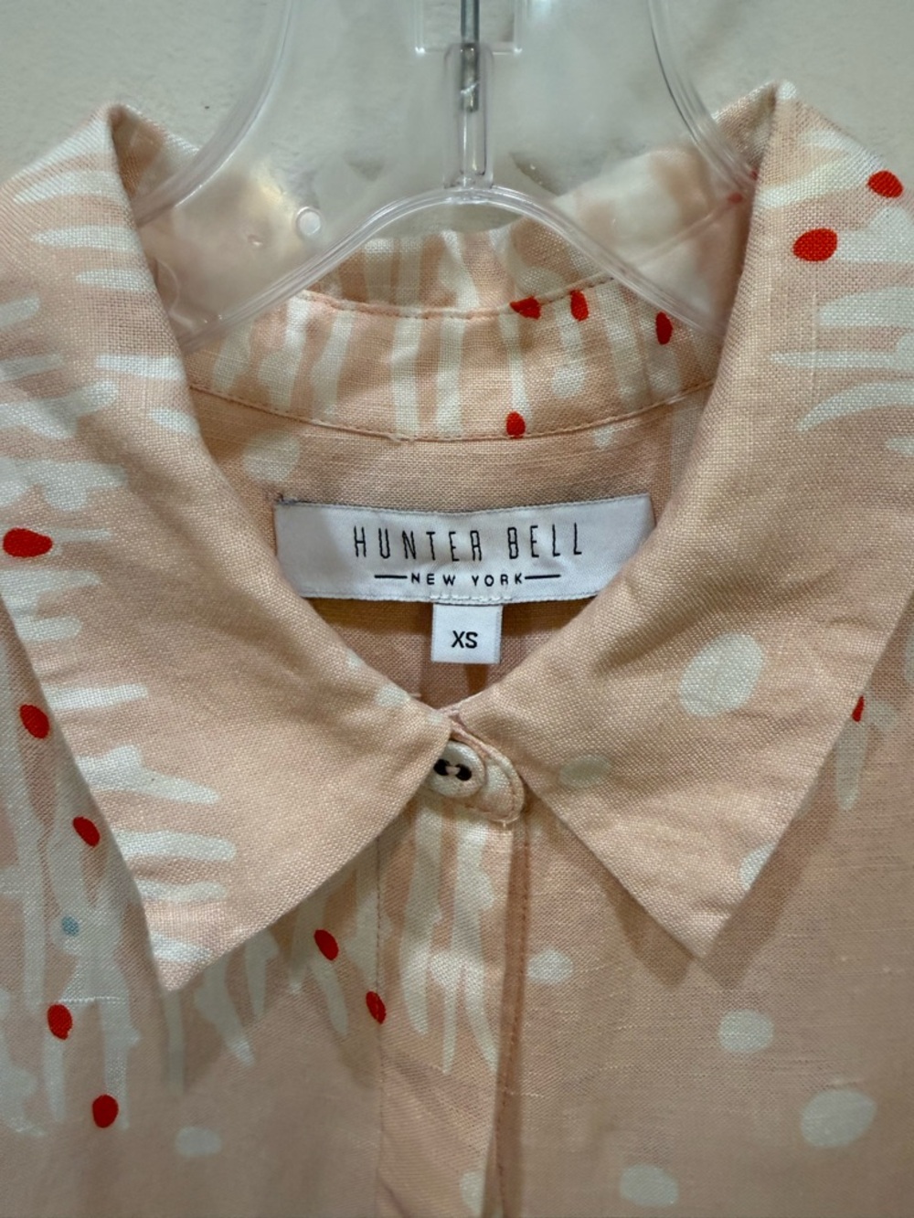 HUNTER BELL Peach Print Mini Linen Shirt Dress Puff Sleeve Tie Waist - Picture 2 of 5